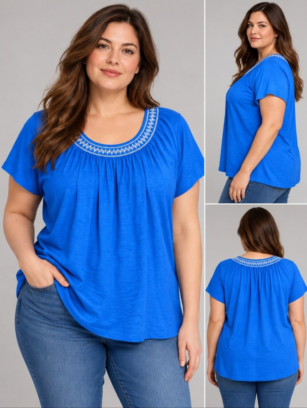 Talbots Plus 2X Blue 100% Cotton Embroidered Scoop Neck Short Sleeve Top